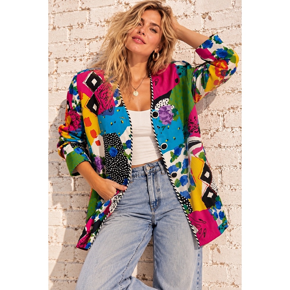Vintage Leslie Fay Multi Rayon Patchwork Polka Dot Art Blazer 80s Maximalist 16